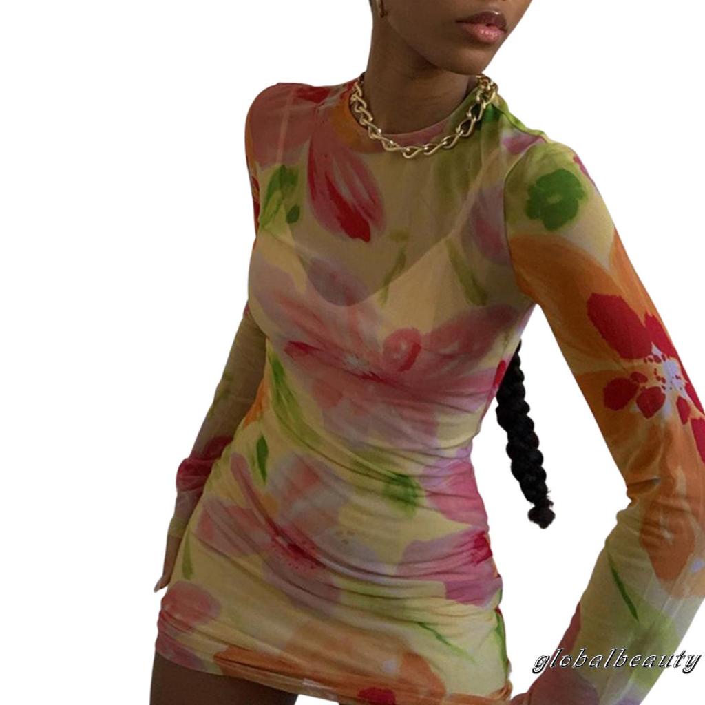 Đầm Ngắn Cổ Tròn Tay Dài Eo Cao Xuyên Thấu In Họa Tiết Hoa Cho Nữ