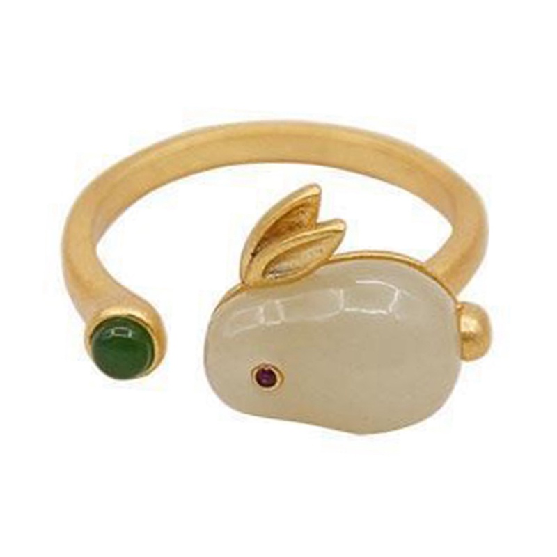 Margot Nhẫn Đính Đá Ngọc Bích Tự Nhiên Hình Thỏ Dễ Thương Có Thể Điều Chỉnh Cho Nữ