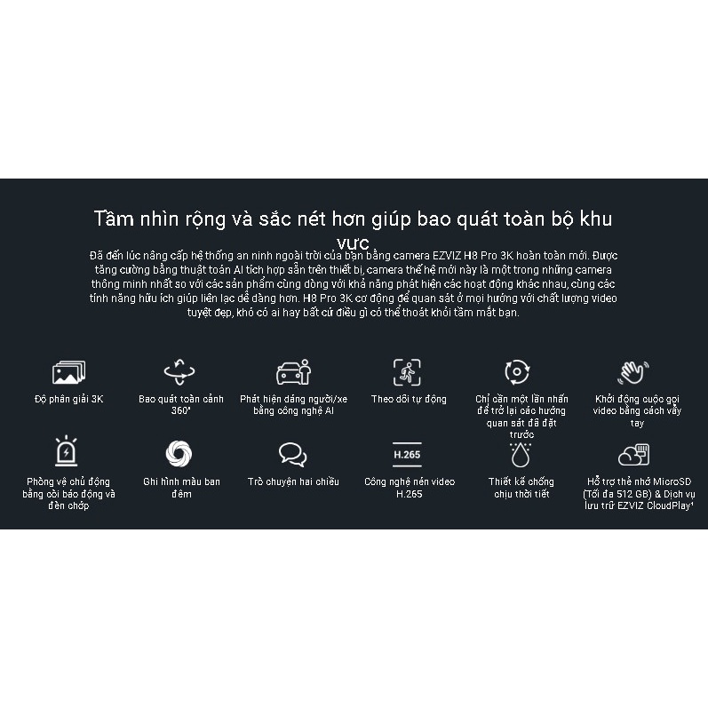 Camera WIFI ngoài trời SIÊU NÉT EZVIZ H8 2K 3K XOAY 360 ĐÀM THOẠI 2 CHIỀU, MÀU ĐÊM Hàng chính hãng
