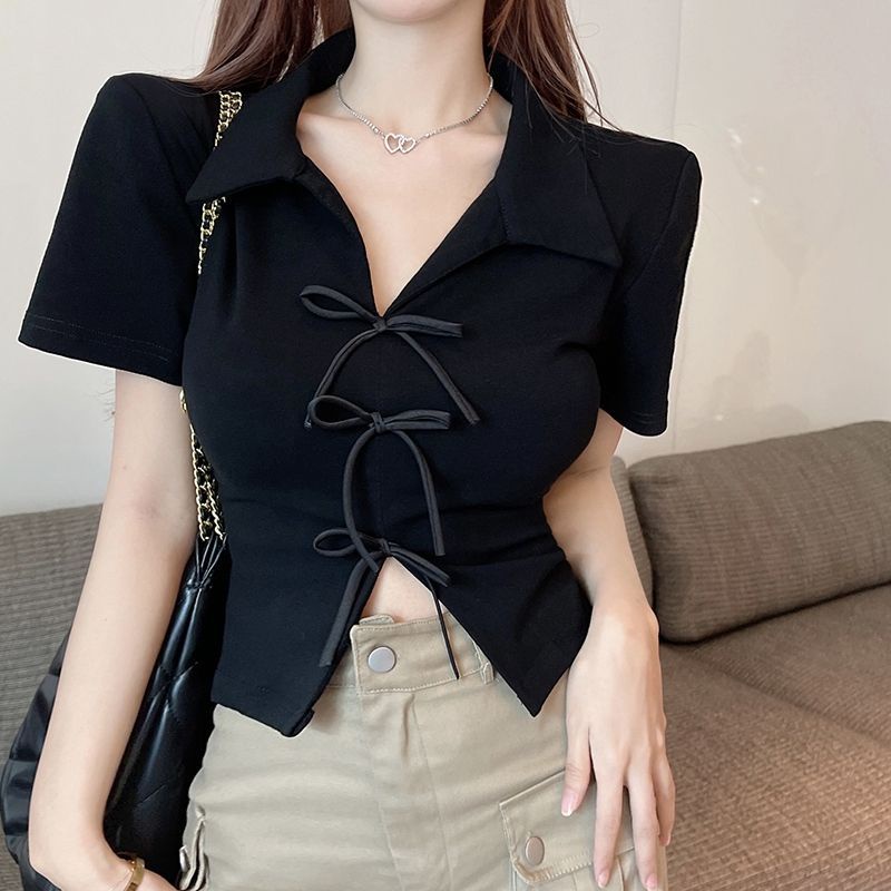 Áo Thun polo Ngắn Tay Thắt Nơ Phong Cách Mới Dành Cho Nữ