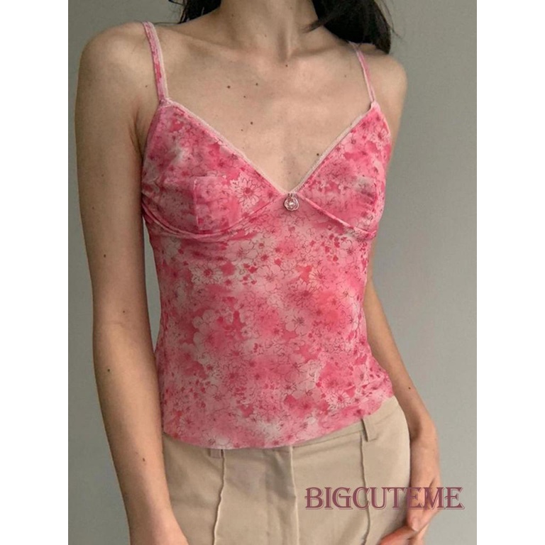 Áo Sát Nách Cổ Chữ V Xuyên Thấu In Họa Tiết Hoa Phong Cách Đường Phố Thời Trang Mùa Hè Cho Nữ