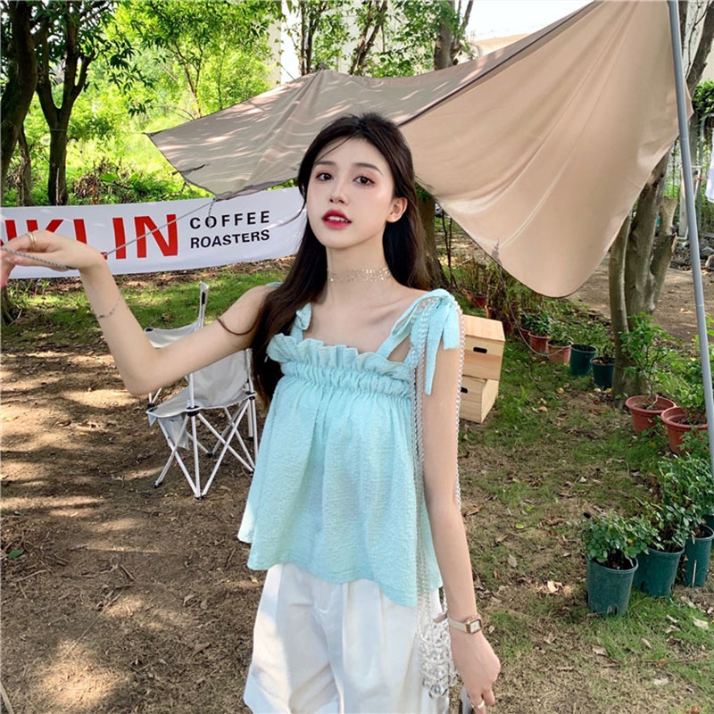 Áo Tank Top Sát Nách Màu Trơn Cổ Thắt Nơ Dáng Suông Thời Trang 2023