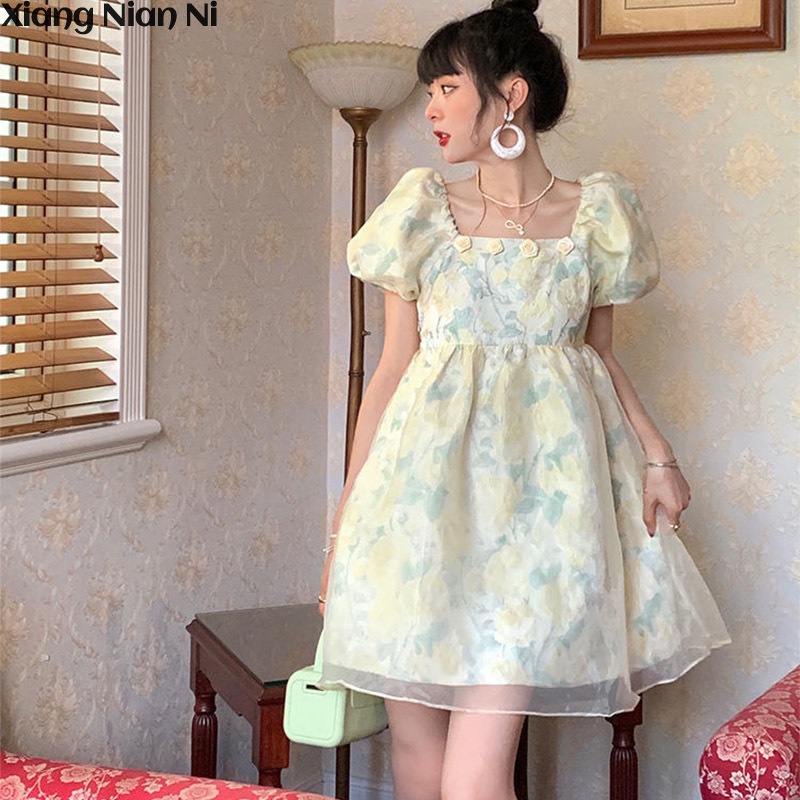 Đầm công chúa XIANG NIAN NI dáng ngắn tay phồng cổ vuông in hoa phong cách Pháp xinh xắn cho nữ