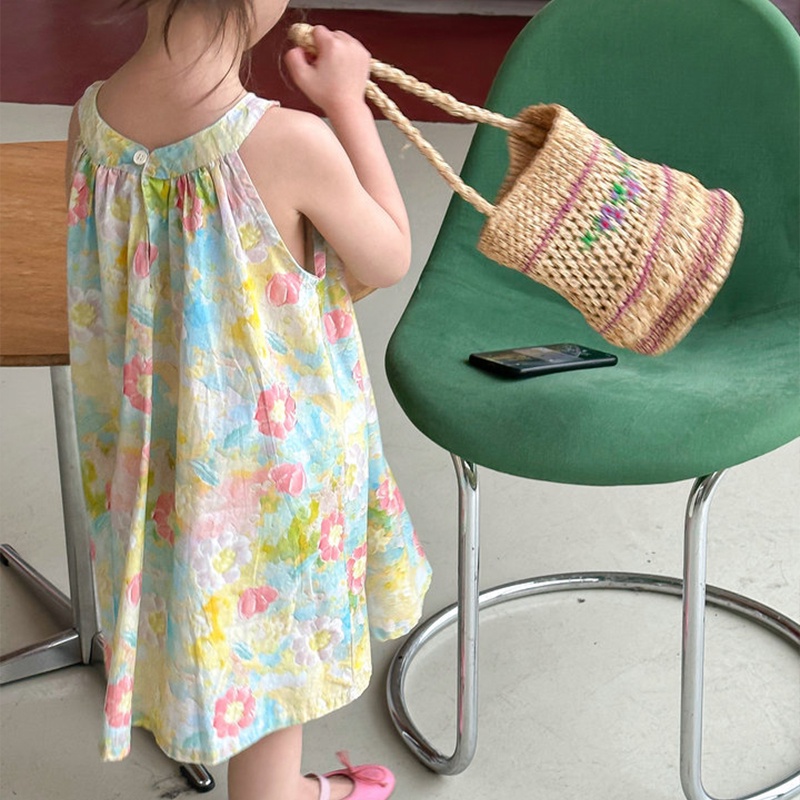 Đầm Hai Dây Không Tay In Hoa Phong Cách Hàn Quốc Cho Bé Gái 1-6 Tuổi