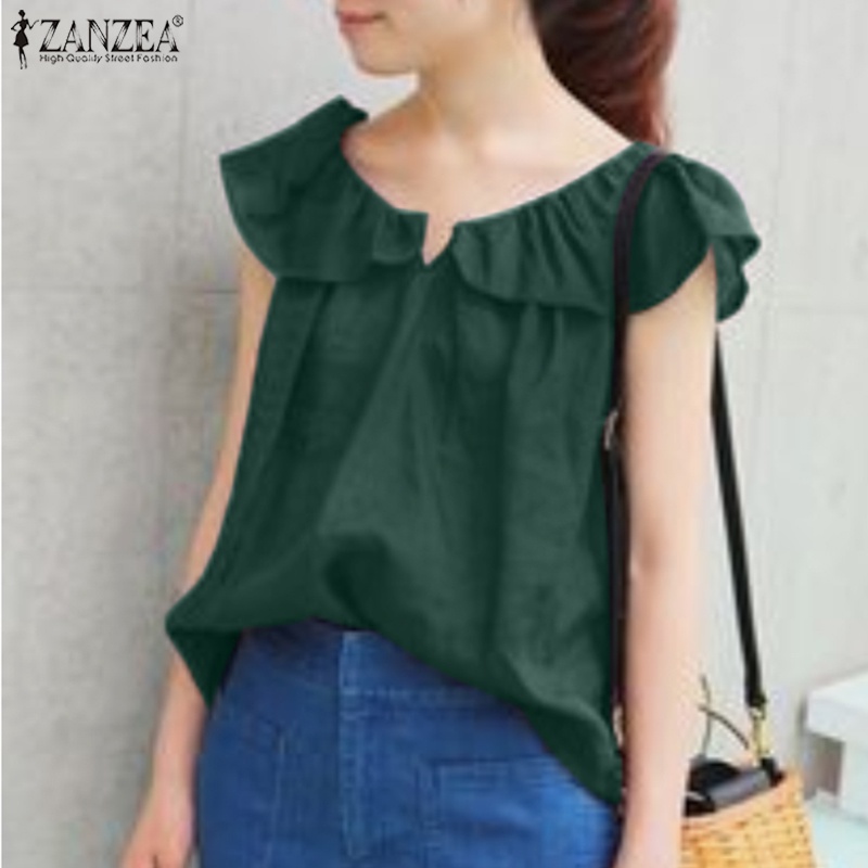 Áo tanktop ZANZEA không tay nhún bèo cổ chữ V phong cách Hàn Quốc cho nữ