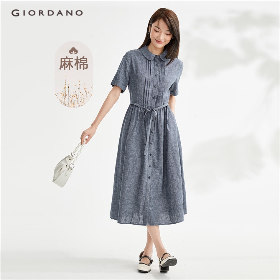 Đầm sơ mi GIORDANO 05463347 chất vải lanh cotton cổ búp bê cho nữ