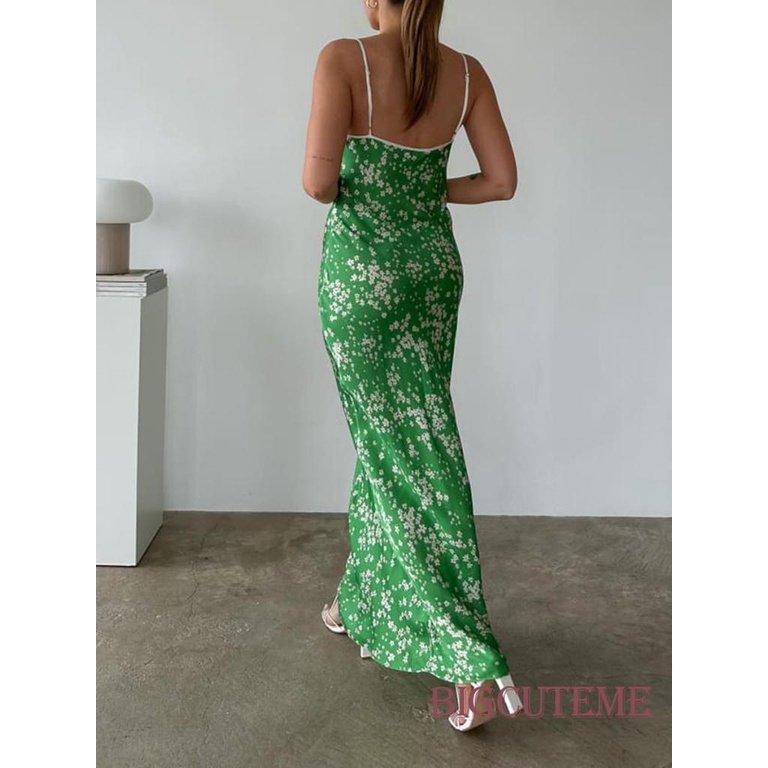 [] - Đầm Dài Dáng Ôm Không Tay Hai Dây Hở Lưng In Hoa Màu Xanh Lá Thời Trang Mùa Hè Dành Cho Bạn Nữ