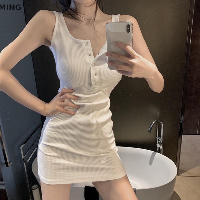 Đầm Ngắn Dáng Ôm Thiết Kế Nút Gợi Cảm Cho Nữ Y2K