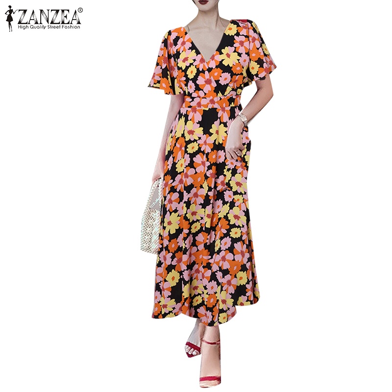 Đầm ZANZEA ngắn tay cổ chữ V in hoa thời trang cho nữ