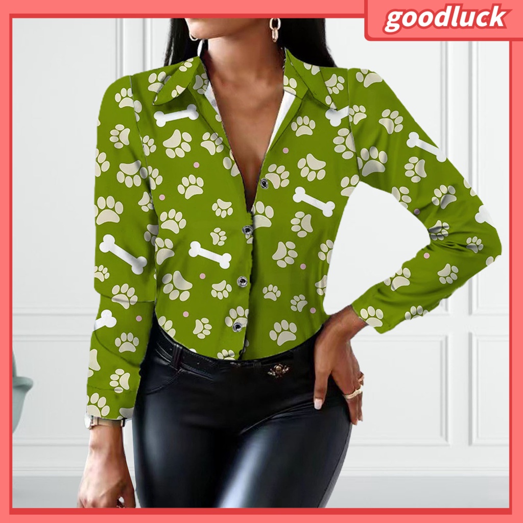 Áo Sơ Mi Tay Dài Cổ Bẻ In Họa Tiết Bò Sữa Thời Trang Công Sở Cho Nữ