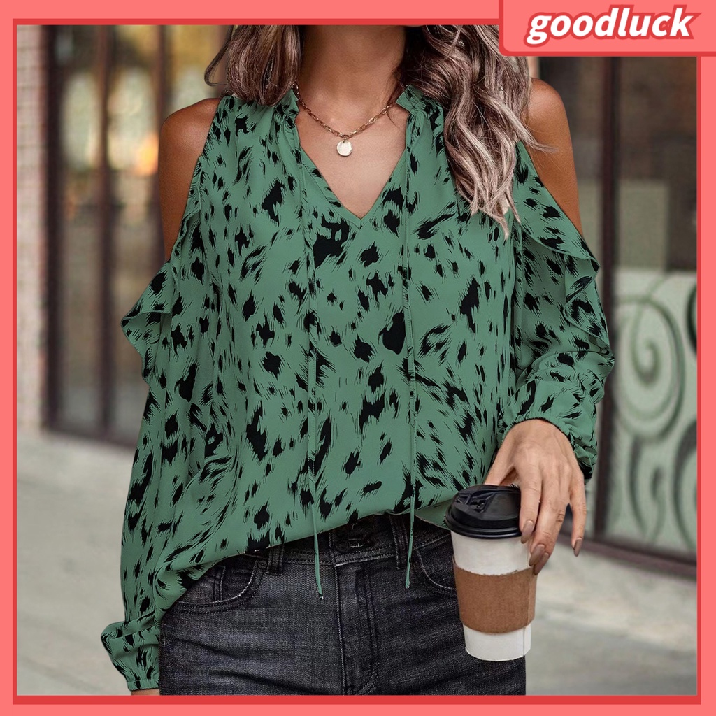 Áo Kiểu Trễ Vai Tay Dài Cổ Chữ V Phối Bèo Màu Sắc Tương Phản Thời Trang Xuân Hè Cho Nữ