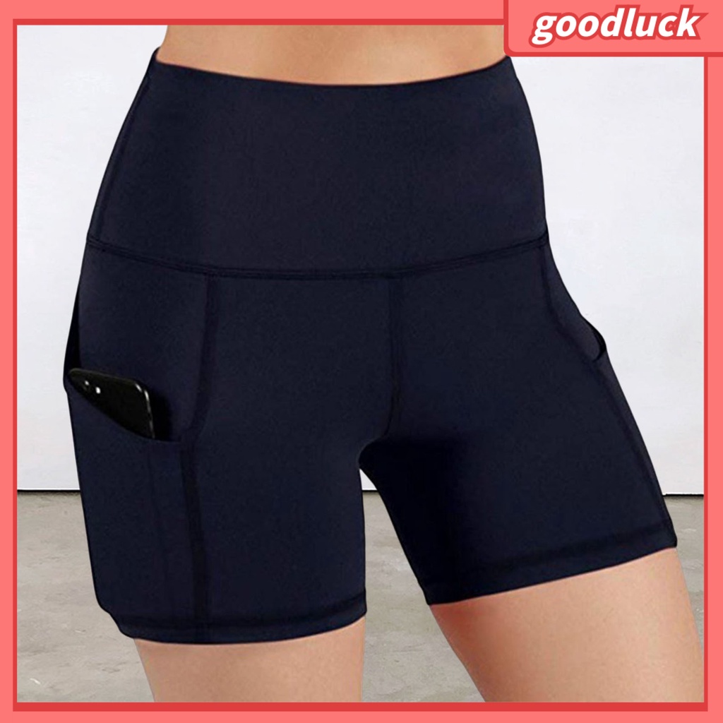 Quần Short Thể Thao Màu Trơn Lưng Cao Chống Sốc Có Túi Thời Trang Mùa Hè Cho Nữ