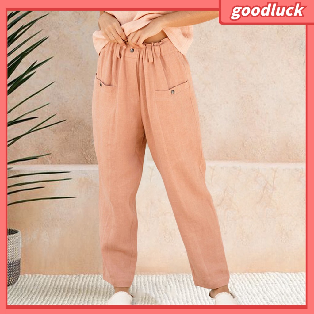 [ULK] Quần Dài Dáng Rộng Lưng Thun Màu Trơn Phối Nút Lớn Cho Nữ