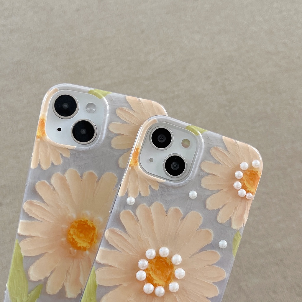 Ốp Điện Thoại IMD Hai Mặt Chống Sốc Họa Tiết Hoa Đính Ngọc Trai Cho Apple IPhone 14 13 12 11 Pro Max