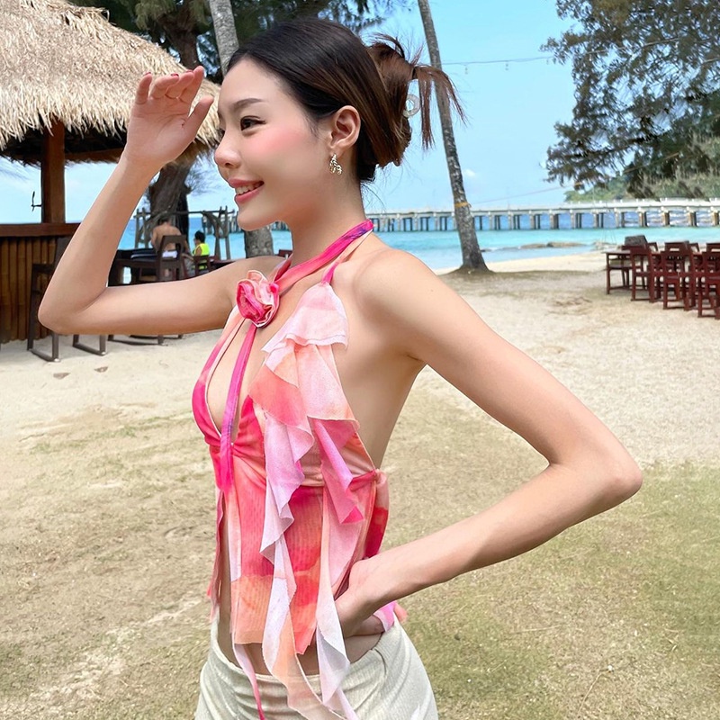 Áo Hai Dây Cổ Chữ V Cột Dây Phong Cách Mới Mùa Hè Quyến Rũ Cho Nữ