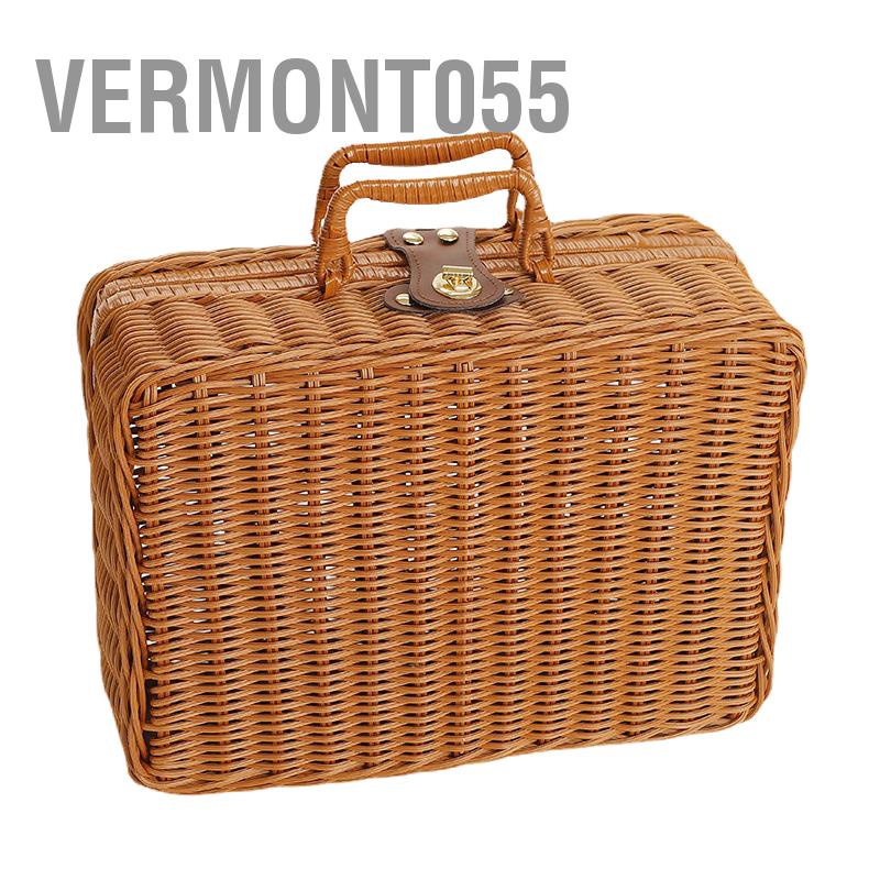 Vermont055 Hộp dã ngoại dệt bằng mây nhựa lưu trữ kiểu cổ điển không mùi có tay cầm hình vòng cho ngoài trời