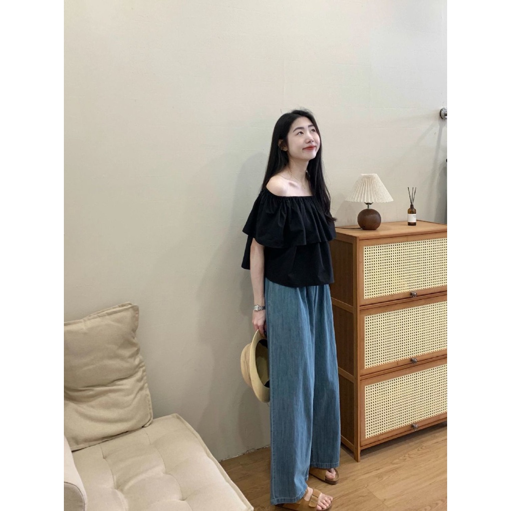 Set Áo Sơ Mi Dài Tay Cổ Bẻ + Quần jeans Lưng Cao Ống Rộng Thời Trang Hàn Cho Nữ