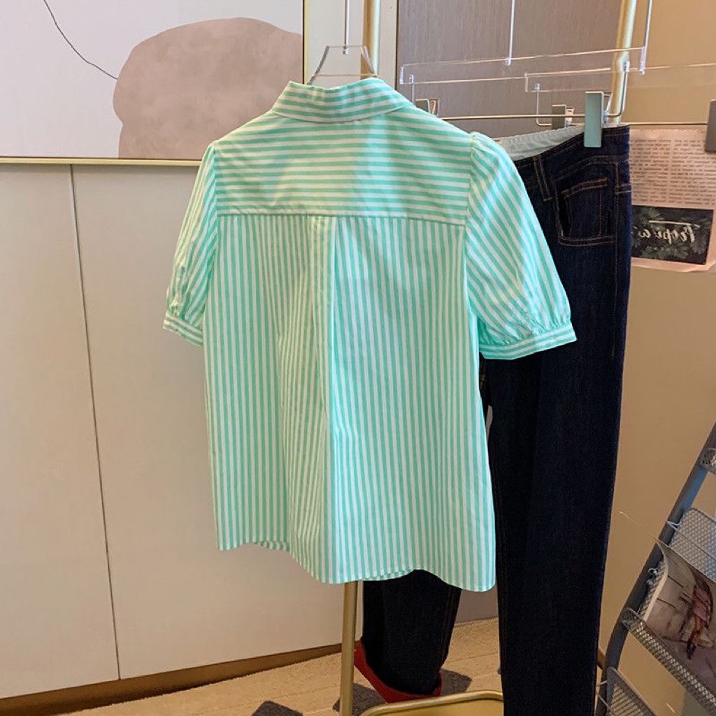 Áo Sơ Mi Tay Ngắn Phồng Dáng Rộng Họa Tiết Kẻ Sọc Thời Trang Mùa Hè 2023 Mới Cho Nữ