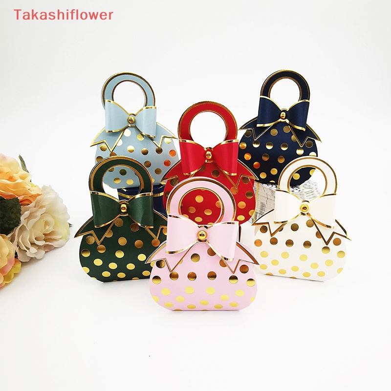 Set 10 Hộp Giấy Đựng Kẹo Cưới Có Tay Cầm Họa Tiết Chấm Bi Màu Vàng