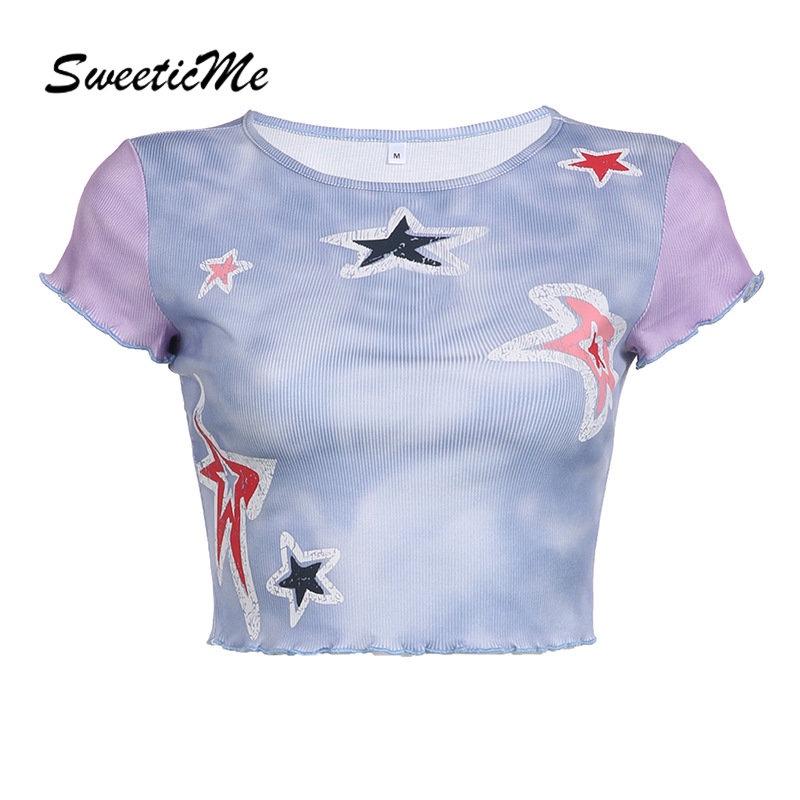 Áo Thun Crop Top Tay Ngắn Cổ Tròn Dáng Ôm In Họa Tiết Ngôi Sao Màu Tương Phản Thời Trang 2023 Cho Bạn Gái