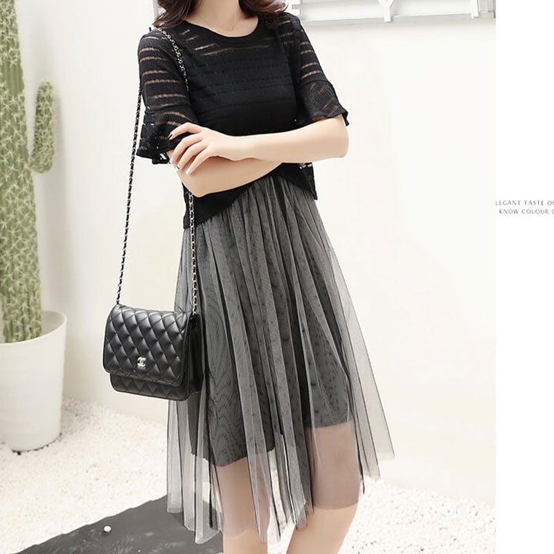 Bộ Đầm Hai Dây Phối Lưới Ôm Eo Cỡ Lớn Thời Trang Mùa Hè