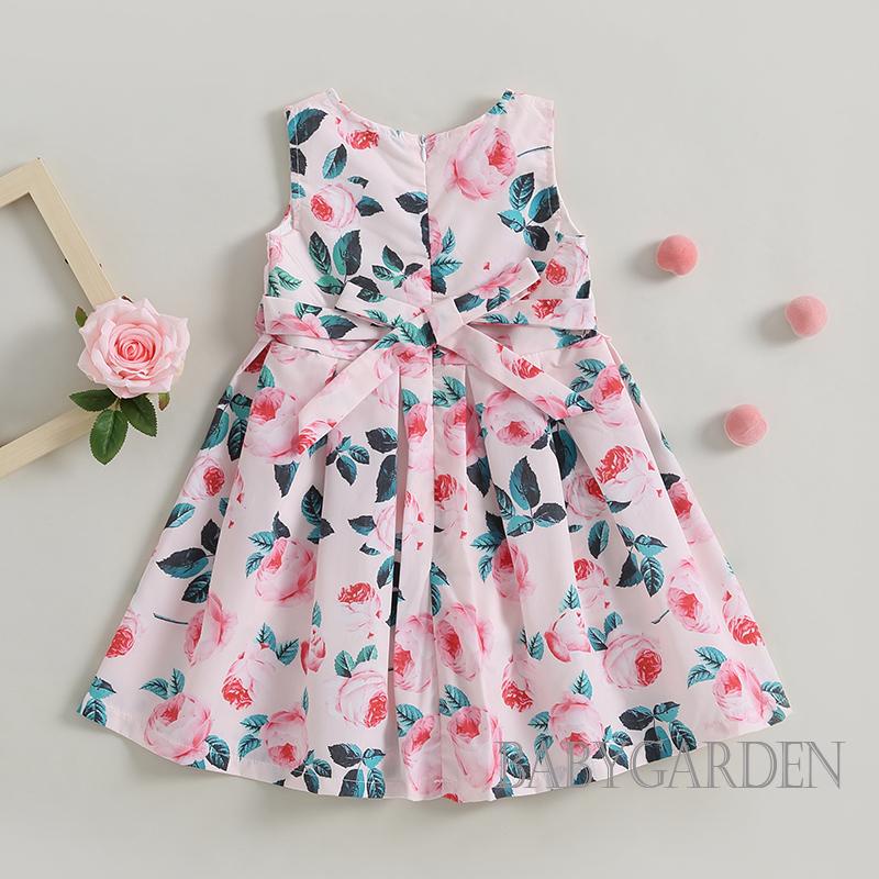 Đầm Mùa Hè Không Tay Dáng Chữ A In Họa Tiết Hoa Thắt Nơ Cổ Cho Bé Gái 1-6 Tuổi