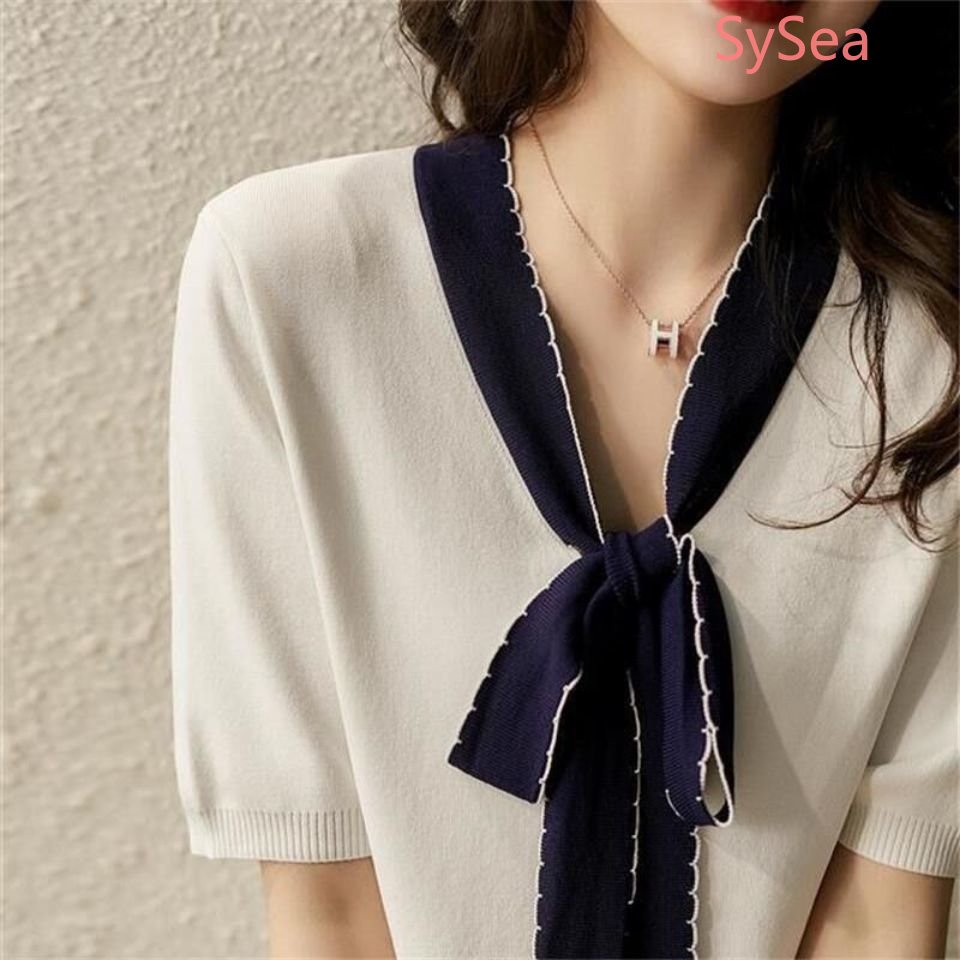 Áo Dệt Kim Phối Nơ Xinh Xắn Theo Phong Cách Mùa Hè Dành Cho Nữ