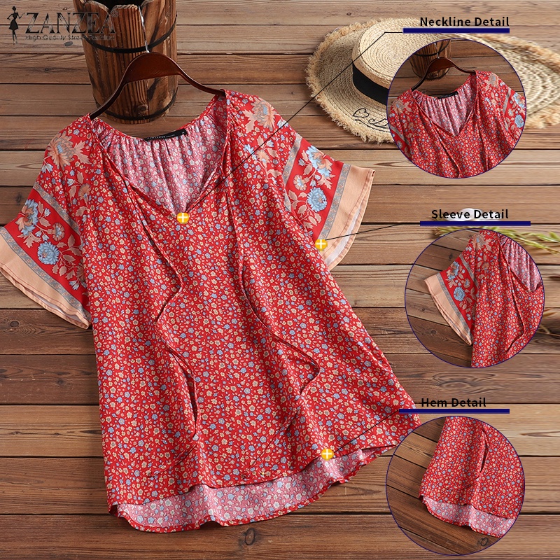 Áo kiểu nữ ZANZEA cổ V tay xếp nếp in hoa thời trang