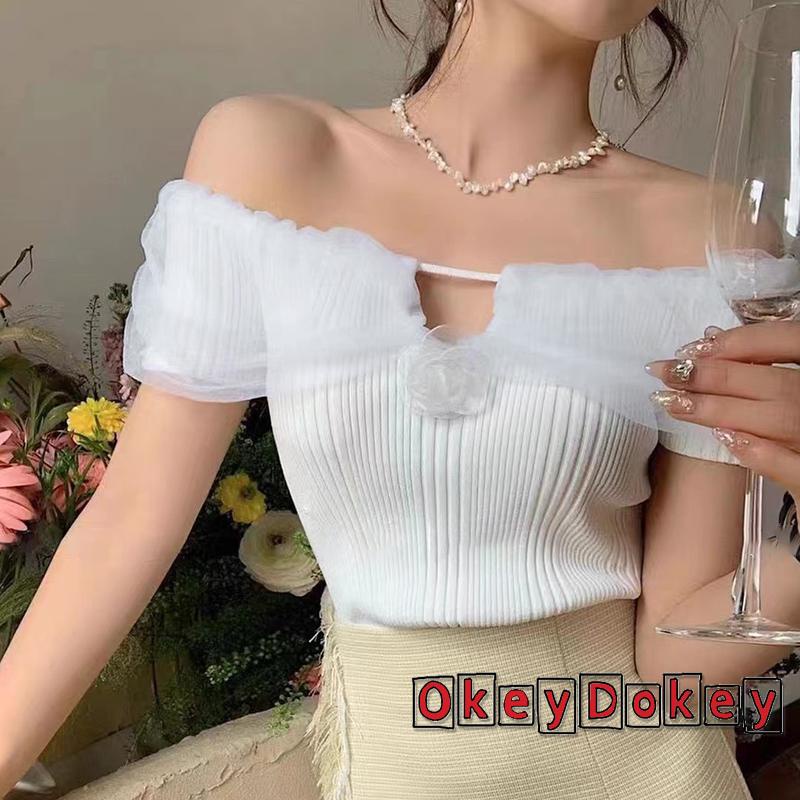 Áo Thun Tay Ngắn Hở Vai Màu Trơn In Họa Tiết Hoa 3D Dành Cho Nữ