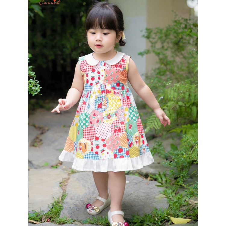 Váy Bé Gái CARROT Cổ Sen, Không Tay , Họa Tiết Hoạt Hình Kim Cương, Chất Liệu Thô Cotton Thấm Hút Mồ Hôi Tốt