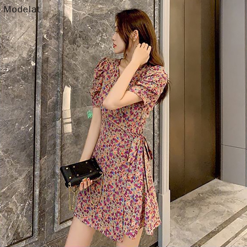 Đầm Tay Ngắn Cổ Chữ V In Họa Tiết Vintage Thời Trang Mùa Hè Cho Nữ