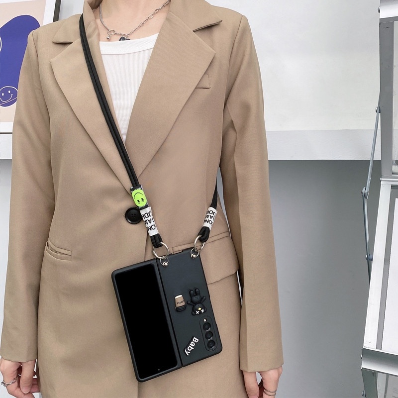 Thời Trang Ốp Điện Thoại Hình Gấu Uống Cà Phê Có Dây Đeo Tay Cho samsung galaxy z fold 5 4 3 5g