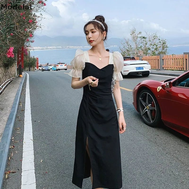 Đầm Đen Tay Ngắn Phong Cách Vintage Pháp Cho Nữ
