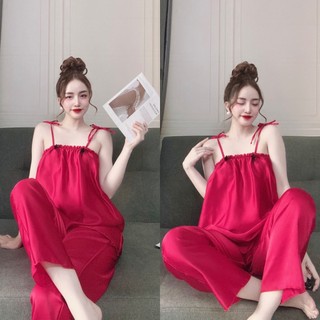 Đồ bộ ngủ nữ bộ mặc ngủ nữ set đồ ngủ 2 dây quần dài sexy vải satin freesize 54kg - CN09