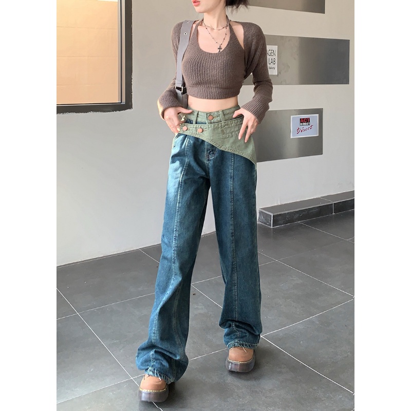 Quần Jean Dài Lưng Cao Ống Rộng Thời Trang Cá Tính Trẻ Trung