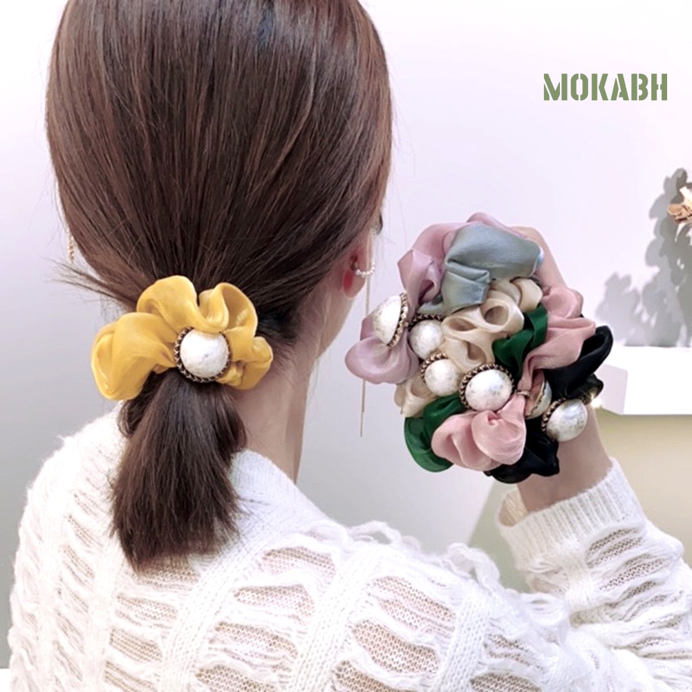 Dây Cột Tóc Co Giãn Bằng Vải Tuyn Đính Ngọc Trai Nhân Tạo Màu Trơn Thời Trang Dành Cho Nữ Giá Đỡ