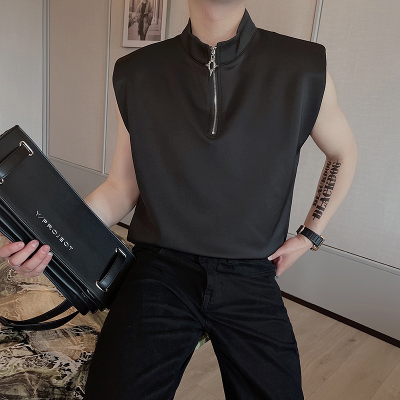 Áo Thun Sát Nách Cổ Đứng Có Khóa Kéo Màu Trơn Thời Trang Mùa Hè Cho Nam