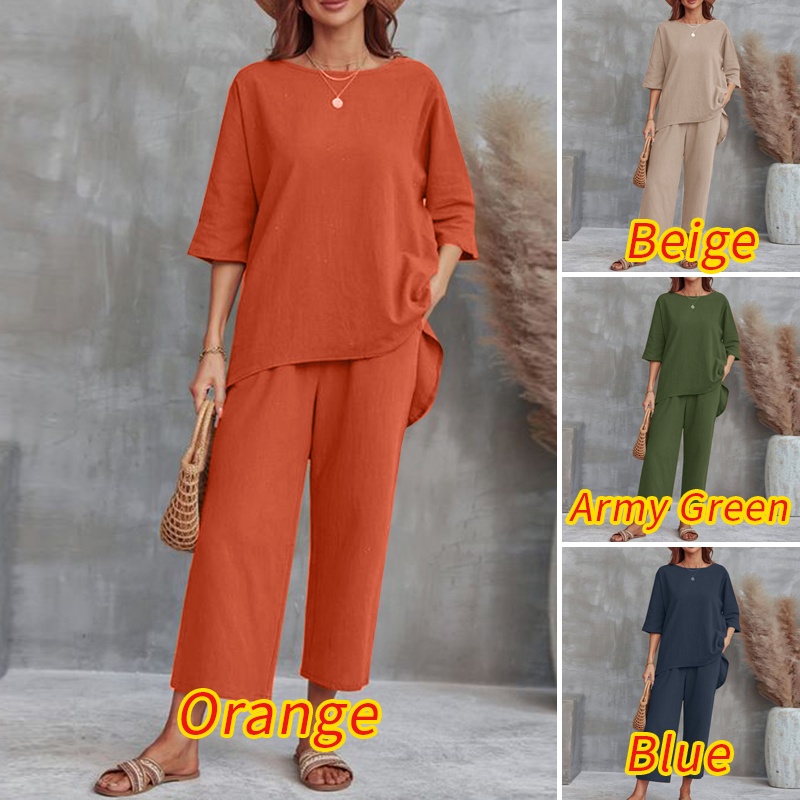 Bộ đồ ZANZEA gồm áo tay lửng cổ tròn phối quần dài lưng cao có túi phong cách cổ điển thời trang cho nữ