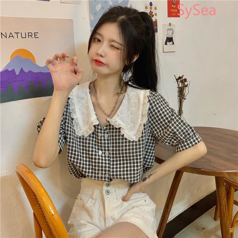 Áo Kiểu Tay Phồng Cổ Búp Bê Form Rộng Họa Tiết Sọc Caro Phong Cách Pháp