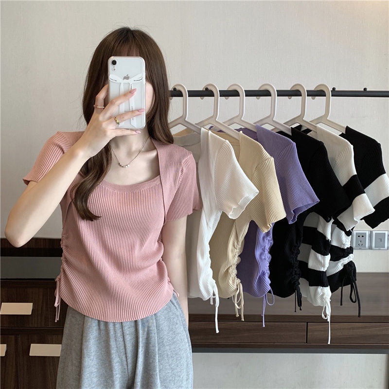 Áo Thun Dệt Kim Tay Ngắn Kẻ Sọc Phối Dây Rút Thời Trang Mùa Hè Cho Nữ