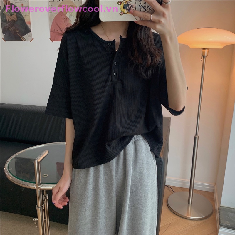 Áo Thun Cổ Tròn Dáng Rộng Phối Nút Thời Trang Mùa Hè Cho Nữ