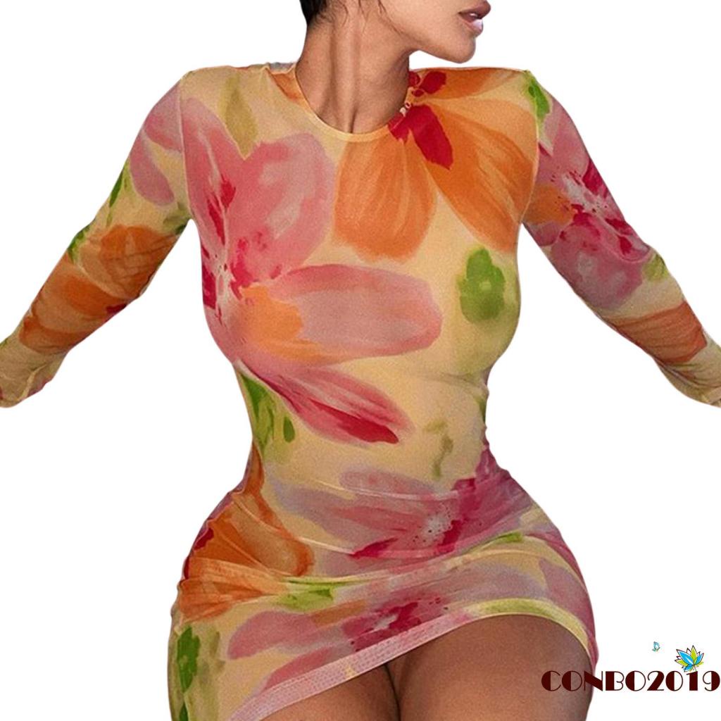 Đầm Ngắn Tay Dài Cổ Tròn Eo Cao Xuyên Thấu In Họa Tiết Hoa Cho Nữ