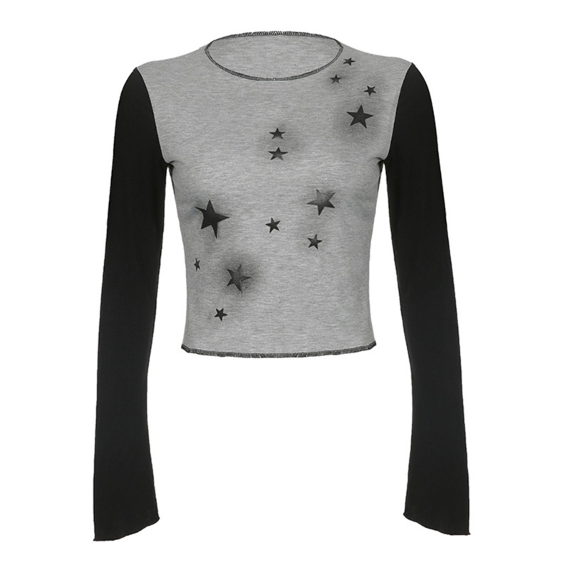Áo Croptop Tay Dài Cổ Tròn In Họa Tiết Ngôi Sao Màu Đen / Nâu Thời Trang Mùa Hè Xinh Xắn Cho Nữ Y2k