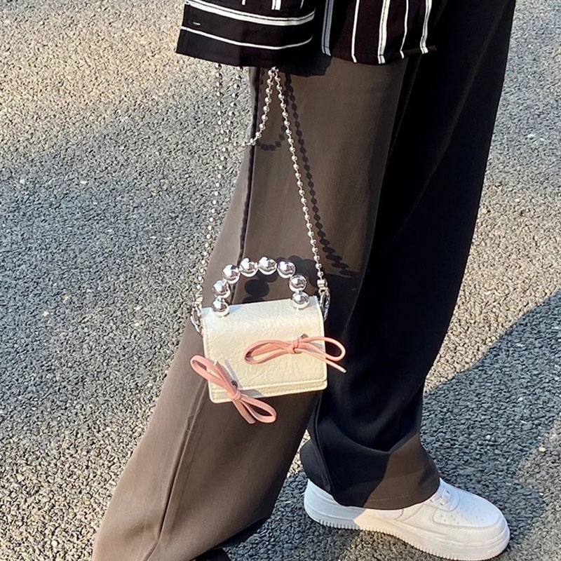 Nallcher Túi Xách Da PU Mini Đính Nơ Phối Dây Xích Thời Trang Cho Nữ