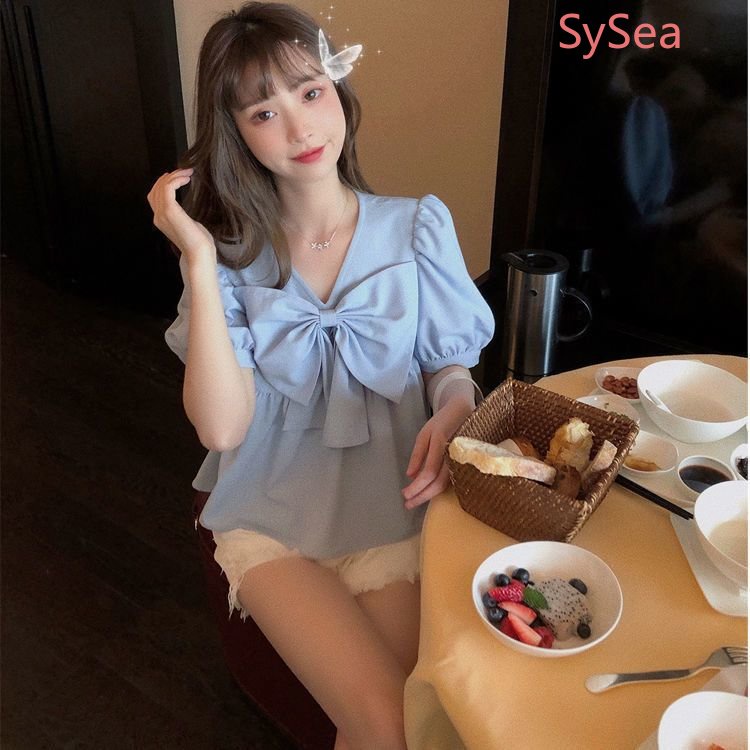 Plus Áo Sơ Mi Voan Dáng Rộng Cổ Chữ V Thắt Nơ Xinh Xắn Thời Trang Hè Cho Nữ