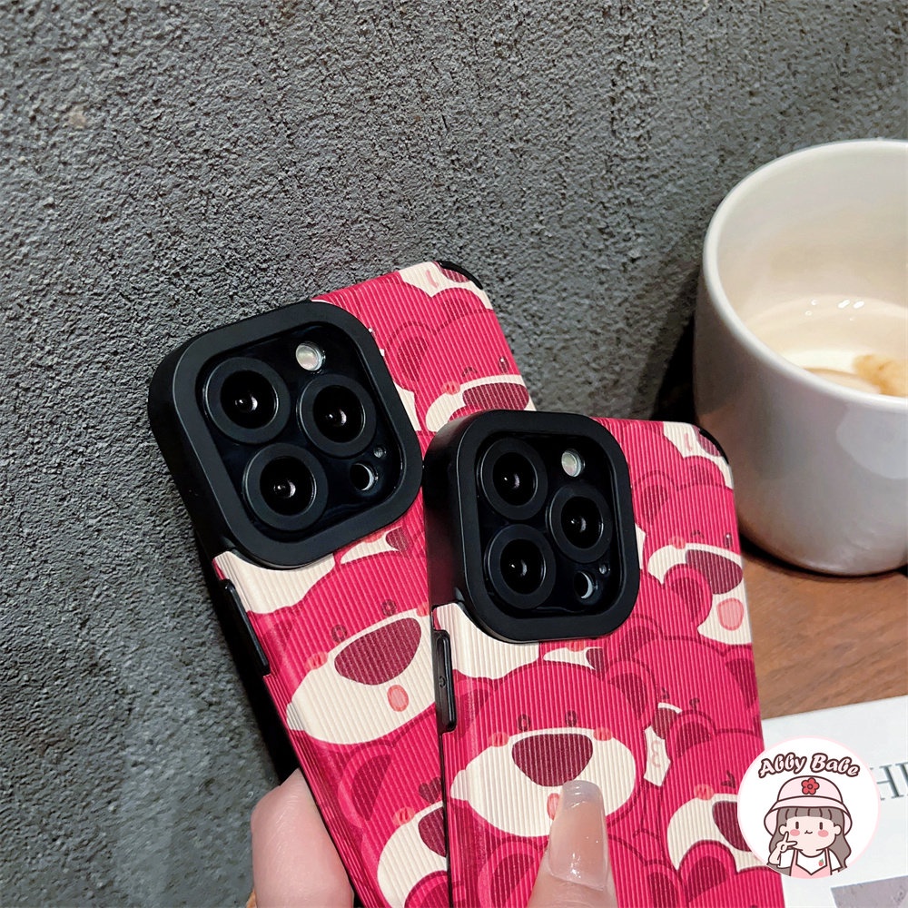 Ốp Điện Thoại Da Giả Viền TPU Dẻo Họa Tiết Chú Gấu &amp; Dâu Tây Màu Hồng Cho IPhone 14 Pro Max 11 12 11 Pro Max X 7Plus