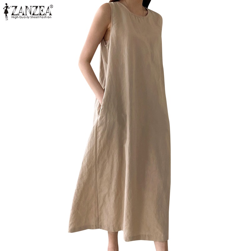 ZANZEA Đầm Nữ Cộc Tay Cổ Tròn Form Rộng Thời Trang Hàn