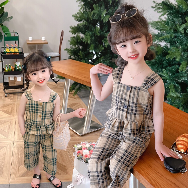 Bộ Đầm Hai Dây Họa Tiết Kẻ Ô Thời Trang Mùa Hè Hàn Quốc 2023 Dành Cho Bé Gái