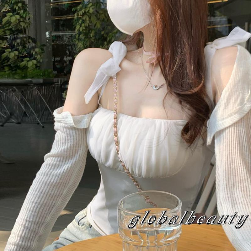 Áo Hai Dây Phối Vải Tuyn Mỏng Cột Dây Thời Trang Mùa Hè Cho Nữ