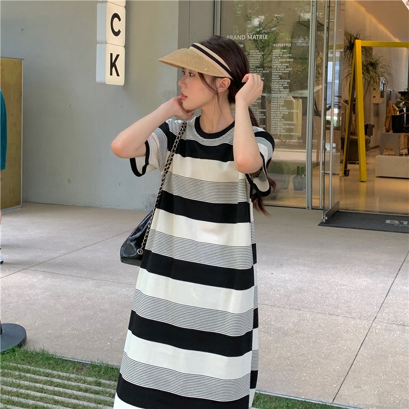 SUXI Đầm Midi Tay Ngắn Cổ Tròn Dáng Rộng Họa Tiết Kẻ Sọc Thời Trang Mùa Hè Xinh Xắn Cho Nữ